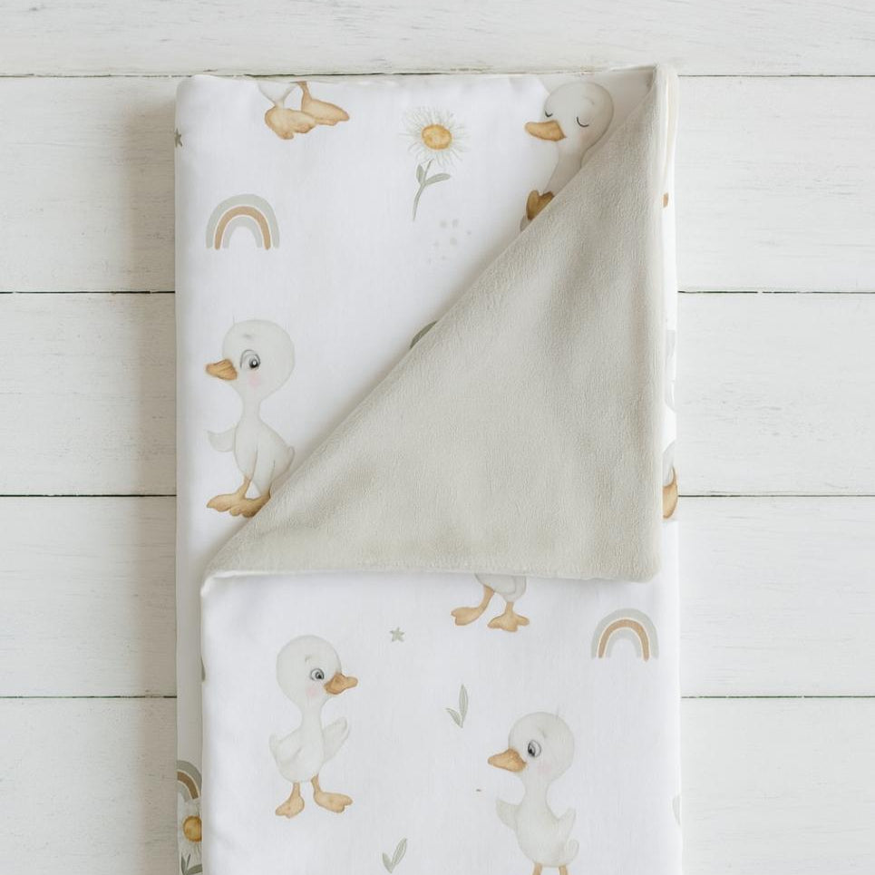 copertina in mussola di cotone con stampa anatroccoli e spugna di fibra di bambù