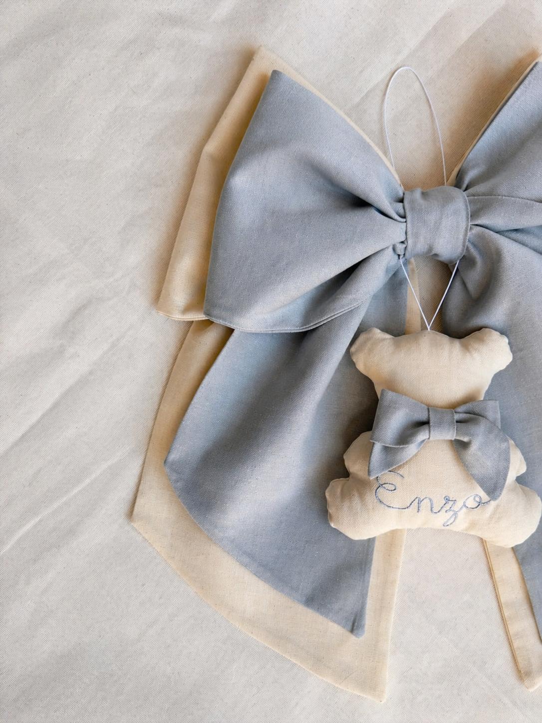 Fiocco nascita doppio Teddy | naturale e azzurro polvere