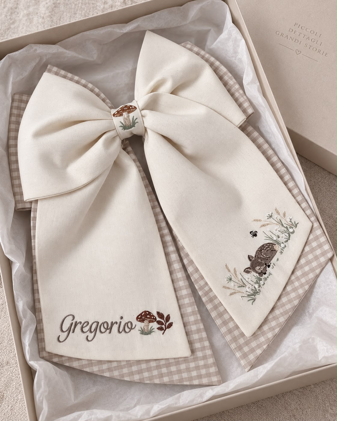 Fiocco nascita doppio a tema autunno/inverno con cerbiatto e funghetto ricamato