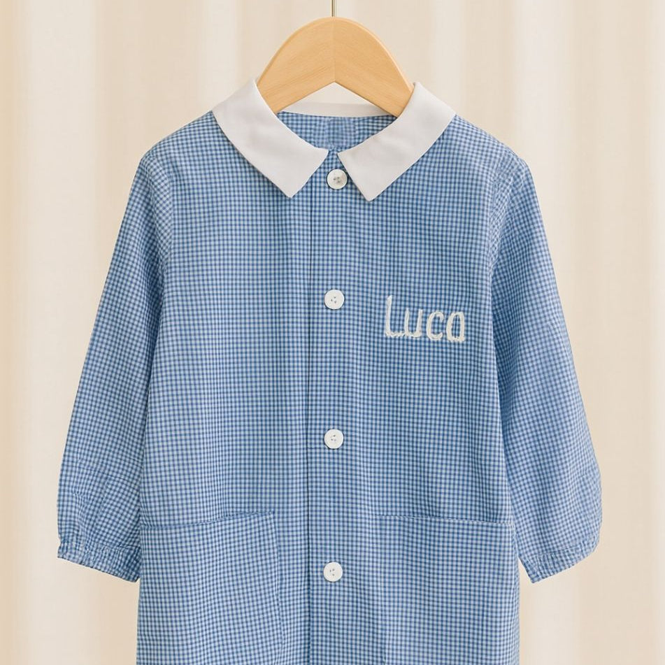 grembiule asilo azzurro fantasia vichy bianco blu