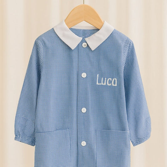 grembiule asilo azzurro fantasia vichy bianco blu