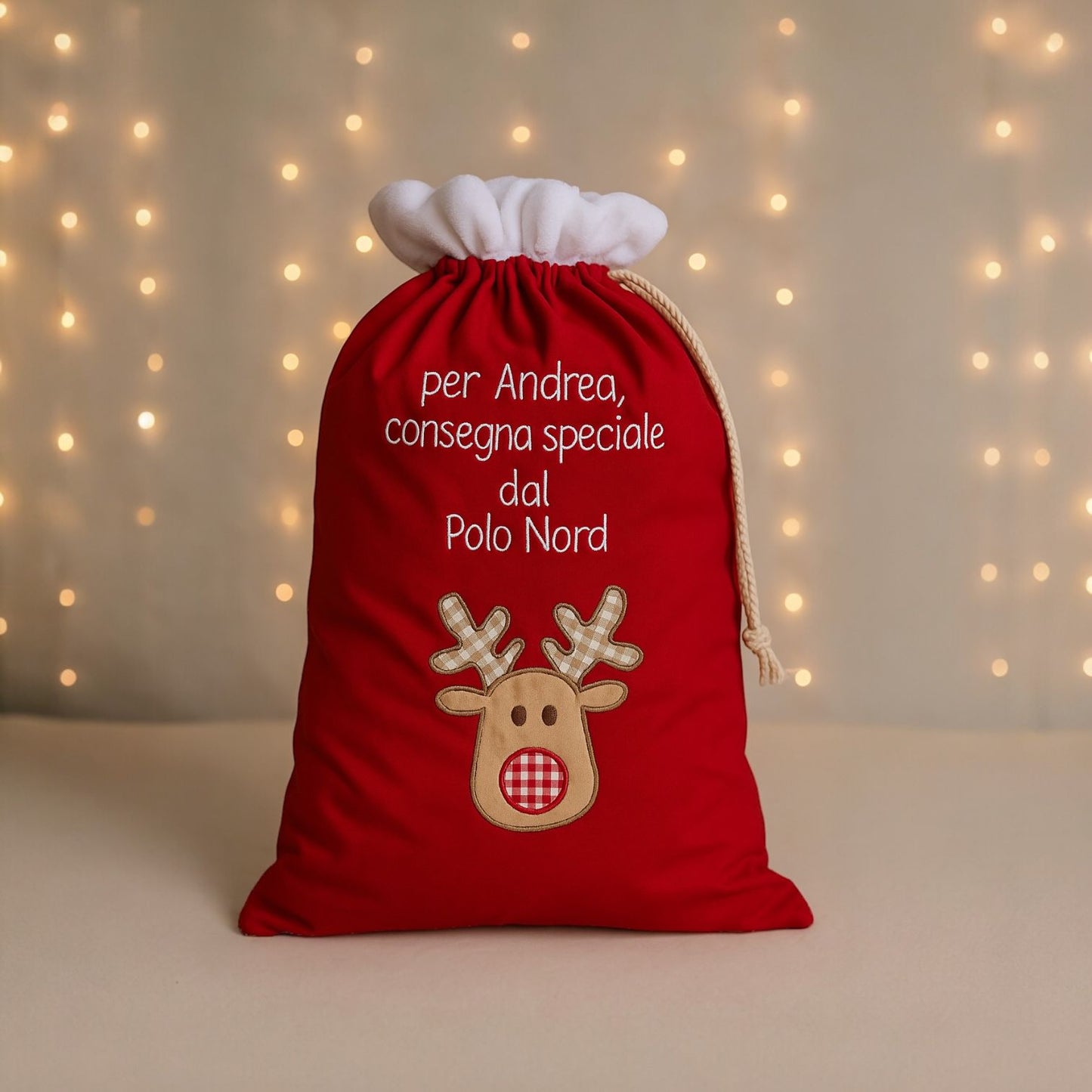 Sacco di Babbo Natale cucito a mano e personalizzabile con nome
