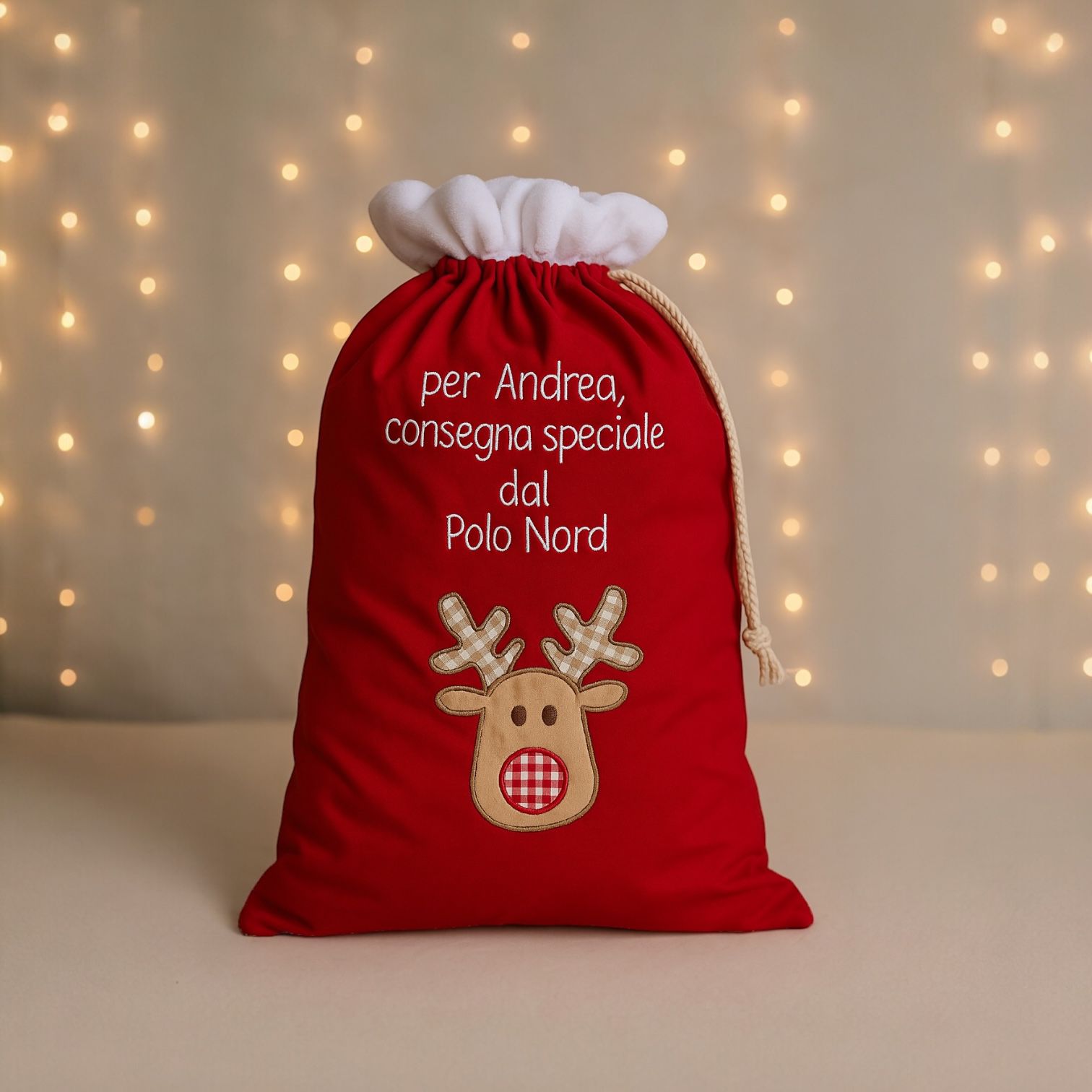 Sacco di Babbo Natale cucito a mano e personalizzabile con nome