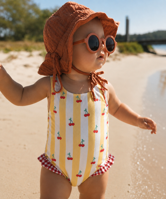 Capri soleil | Costume da bagno intero bimba a righe bianche/gialle con ciliege