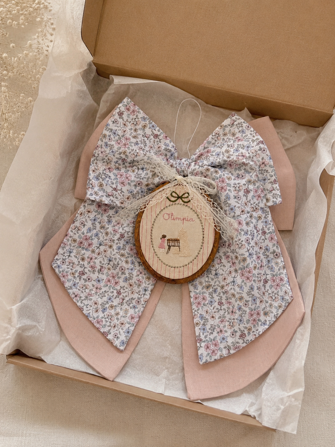 Fiocco nascita doppio per bambina con quadretto | rosa e fantasia liberty floreale