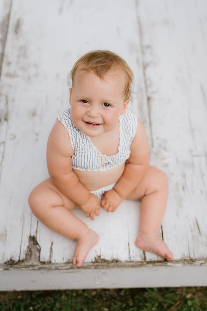 Baby Amalfi | Set bikini + cuffia a righe con ciliegie