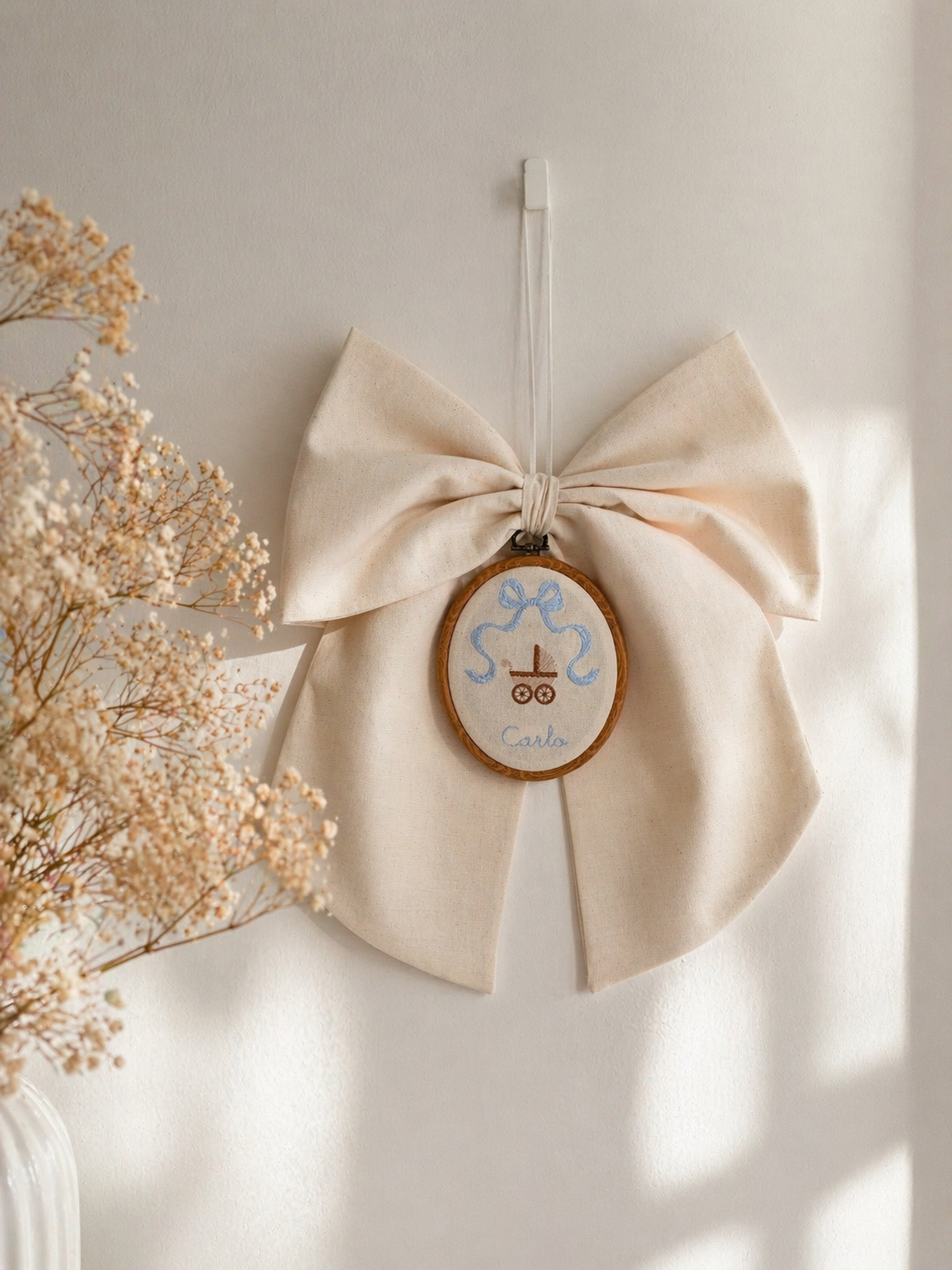 Fiocco nascita | fiocco singolo con quadro ricamato