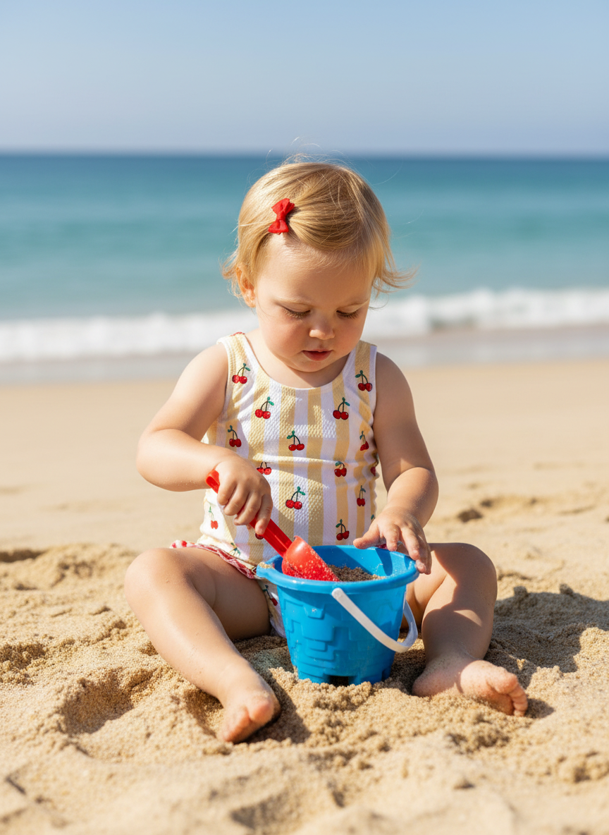 Capri soleil | Costume da bagno intero bimba a righe bianche/gialle con ciliege