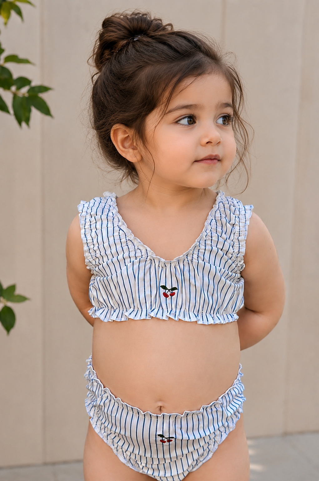 Baby Amalfi | Set bikini + cuffia a righe con ciliegie