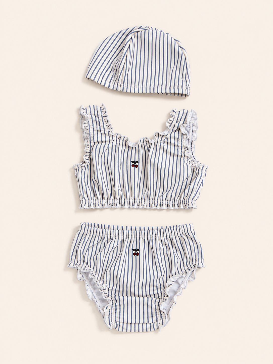 Baby Amalfi | Set bikini + cuffia a righe con ciliegie