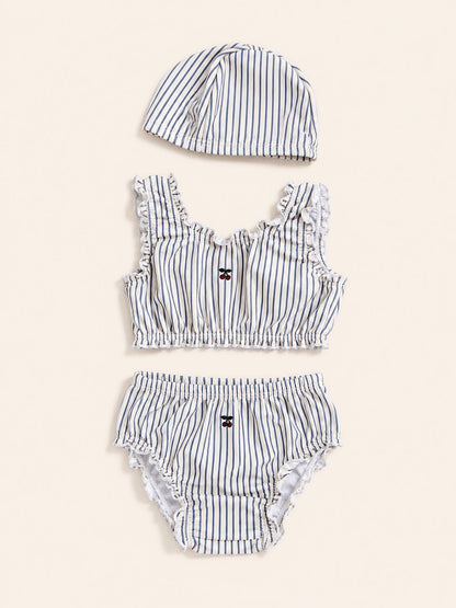Baby Amalfi | Set bikini + cuffia a righe con ciliegie