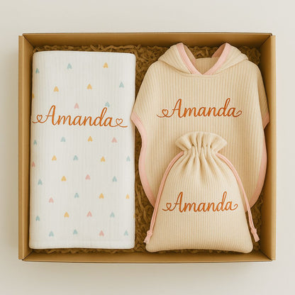 Set per il bagnetto composto da poncho in tessuto a nido d'ape, sacca coordinata e mussola di cotone