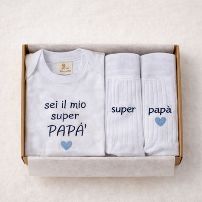 box per la festa del papà composta da body a manica corta e calzini ricamati