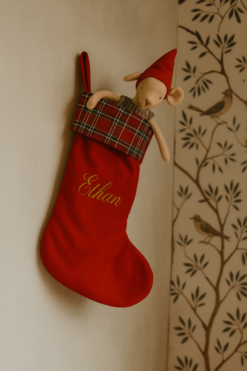 calza di natale rossa con bordatura tartan e personalizzazione con nome in filato oro