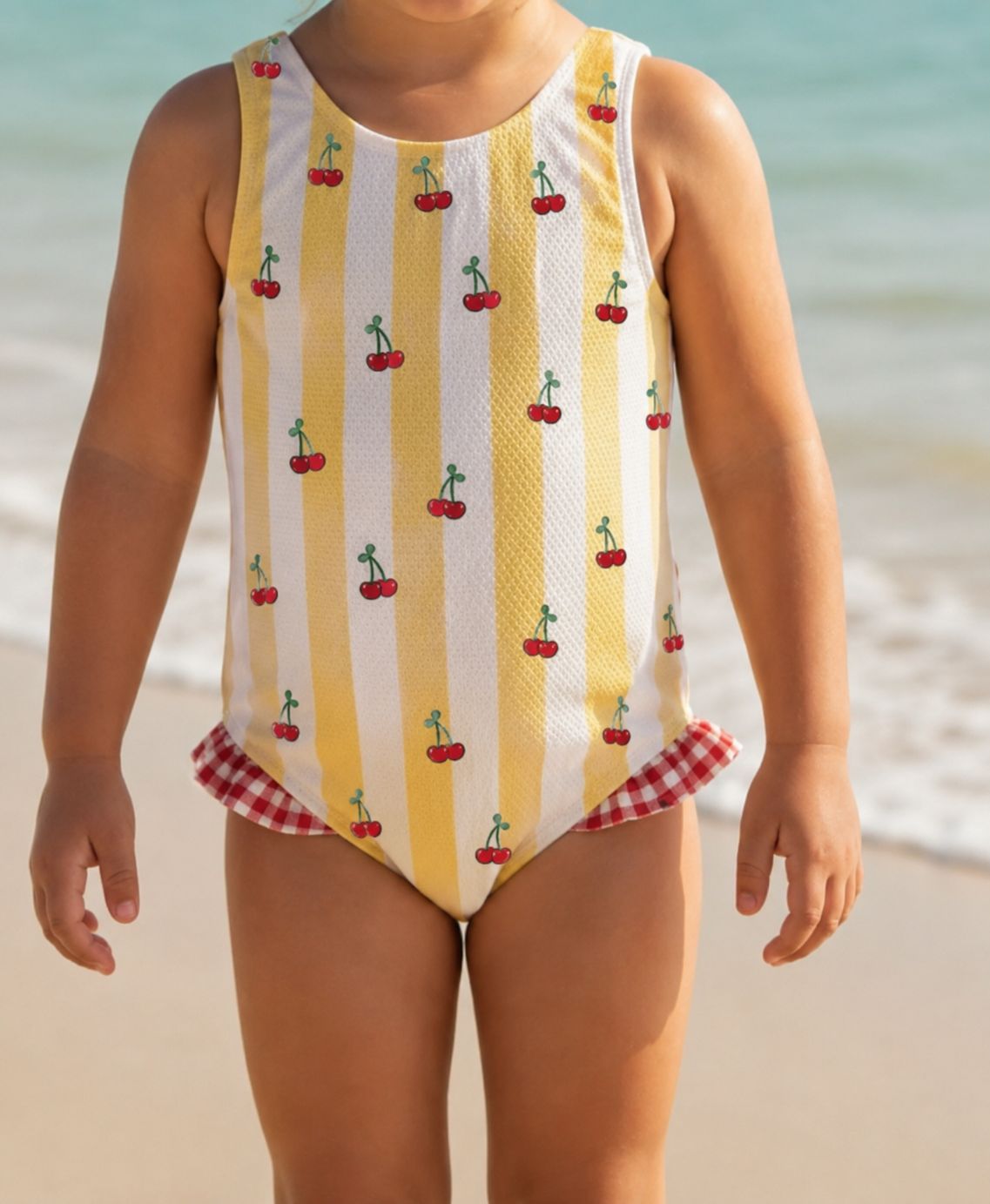 Capri soleil | Costume da bagno intero bimba a righe bianche/gialle con ciliege