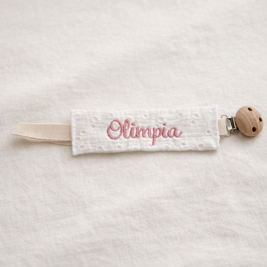 Catenella per ciuccio cucita a mano in tessuto sangallo bianco