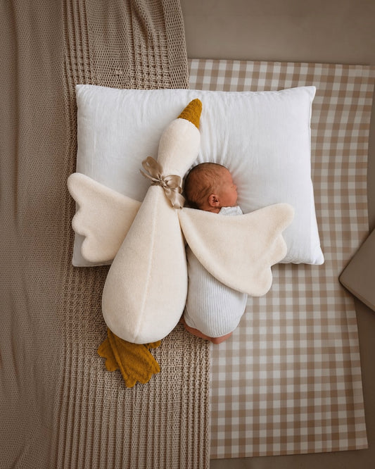 neonato che dorme sotto l'ala dell'ochetta Mini Me formato grande