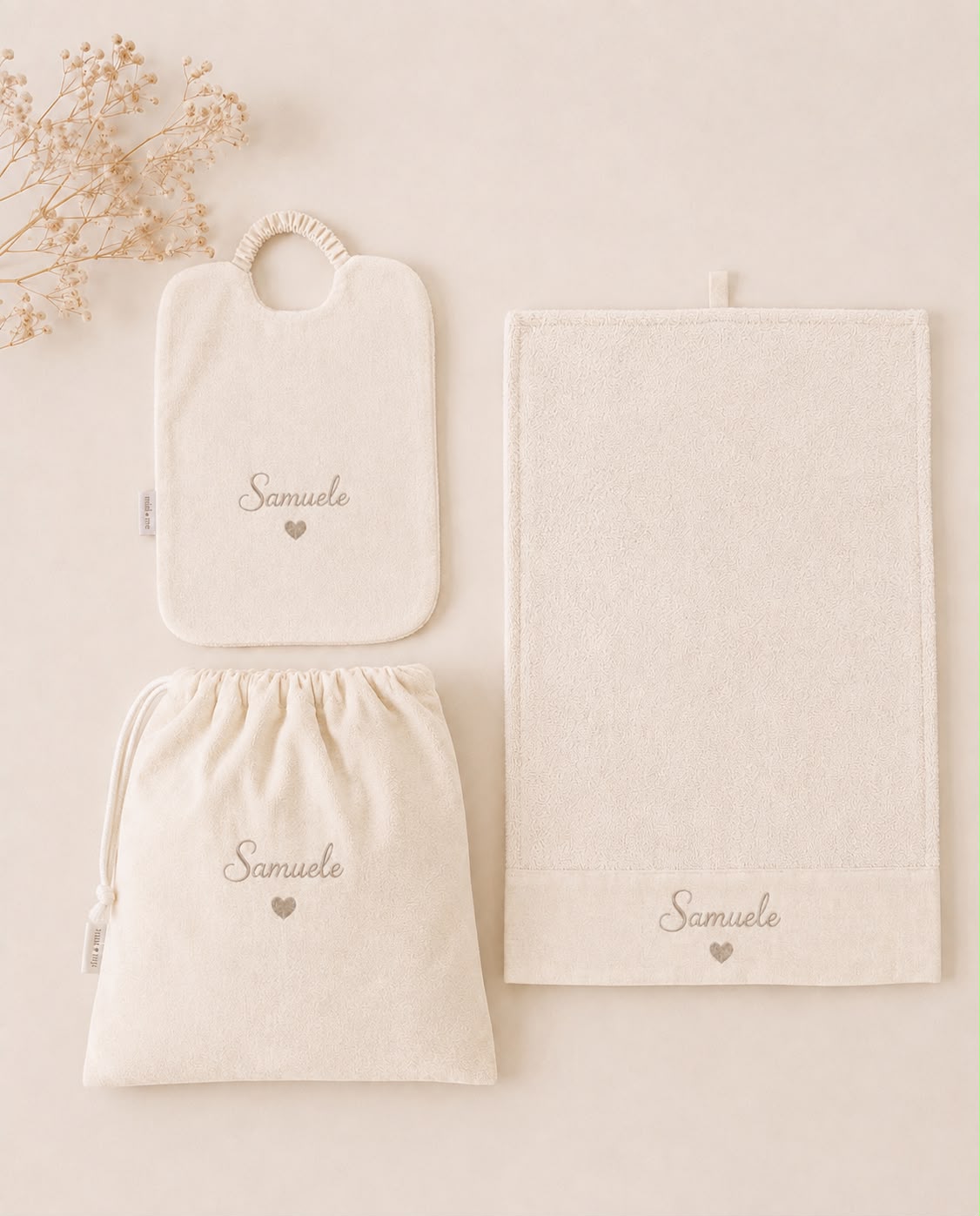 set asilo in bambù e cotone bianco ricamato