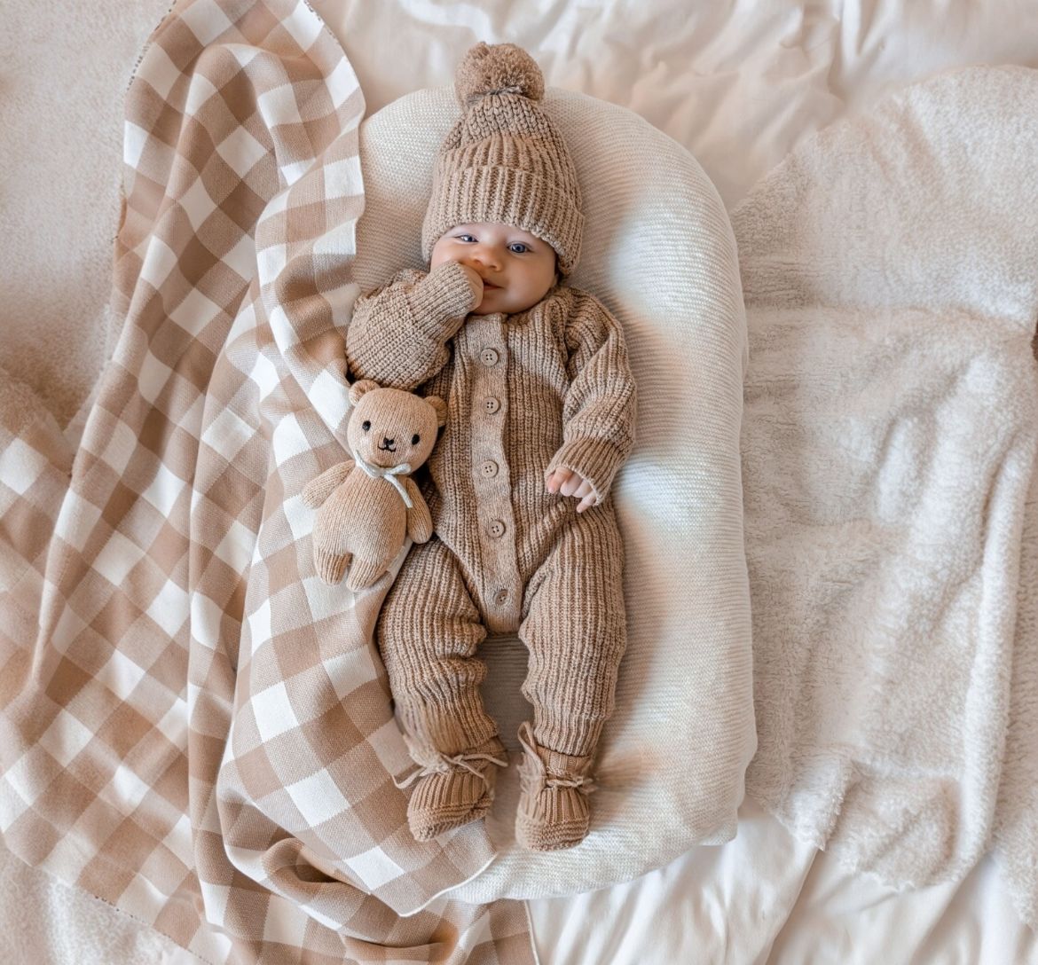 tutina per neonati color biscotto con cappellino e babbucce coordinate