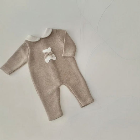 tutina neonato 100% lana merino tortora con orsetto