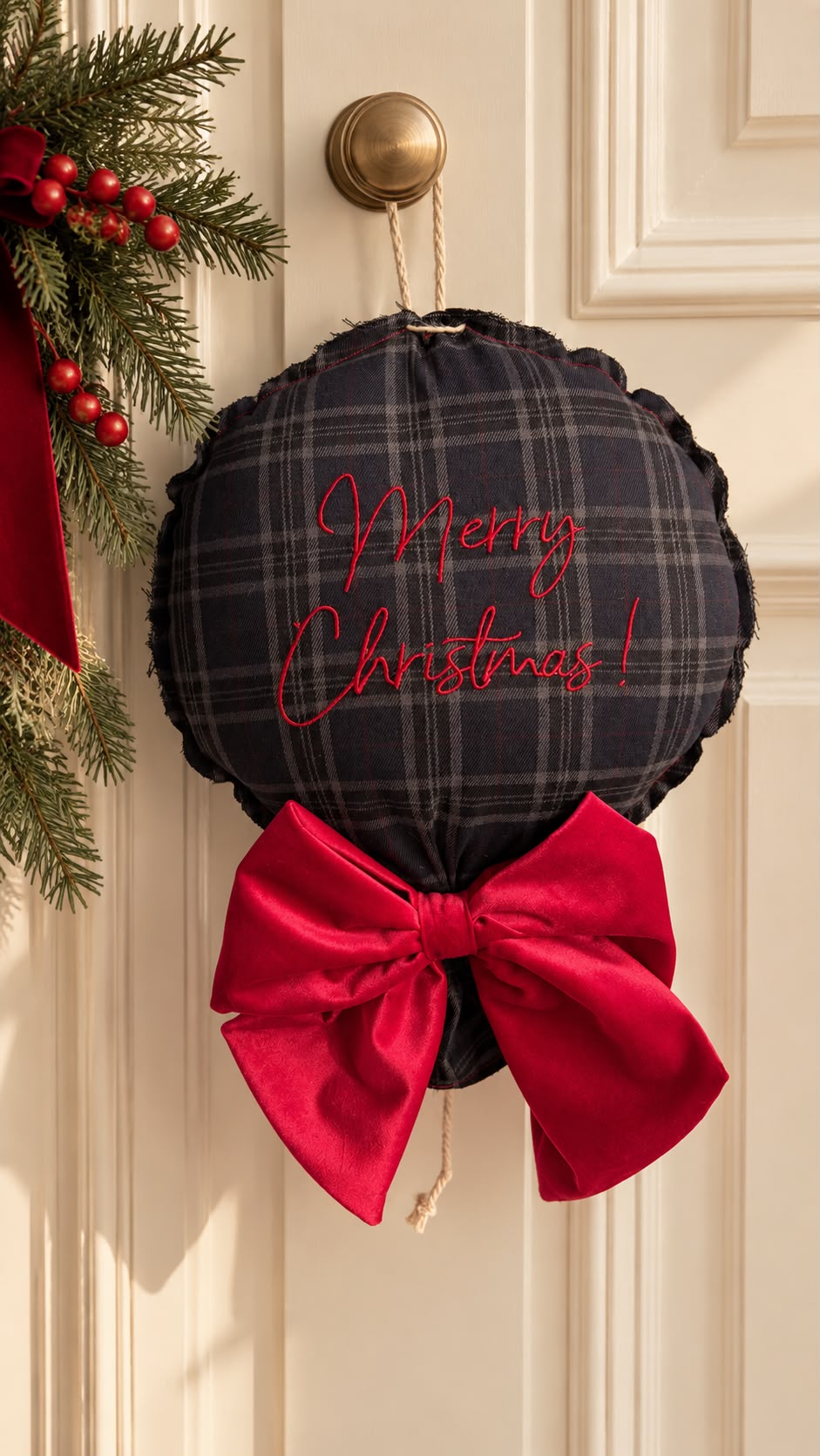decorazione natalizia a forma di palloncino in tartan blu notte con fiocco in velluto rosse e personalizzabile con scritta ricamata rossa max 25 caratteri